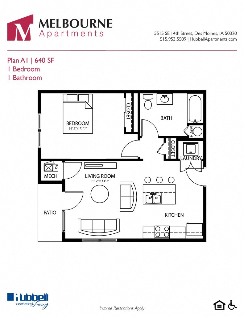 Floor plan for 1 bed, 1 bath, 640 sqft